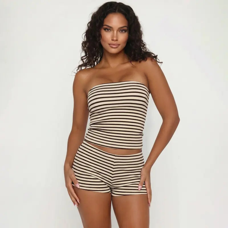 Katch Me Chic(US/CN)Women's Casual Color Matching Stripe Slim Tube Top & Low-Rise Wide Leg Trousers Co-ord, Lightweight Wrinkle-Resistant Spring & Summer Outfits, Skin-Friendly Two Piece Sets #TikTokMadeMeBuyIt #TwoPieceSet #SummerEssentials Cropped Soft