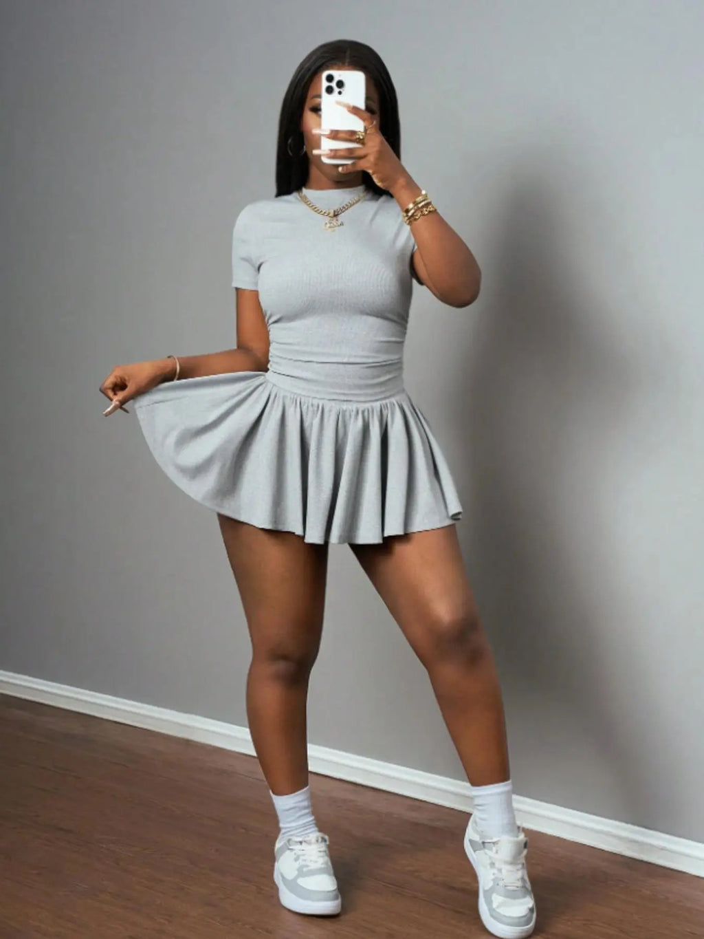 Women's Casual Basic Summer Sports Style Round Neck Short Sleeve T-Shirt + Umbrella Skirt Set Outfit, Two-Piece Knit Fabric, All Seasons Clothes #GLOBAL PICKS