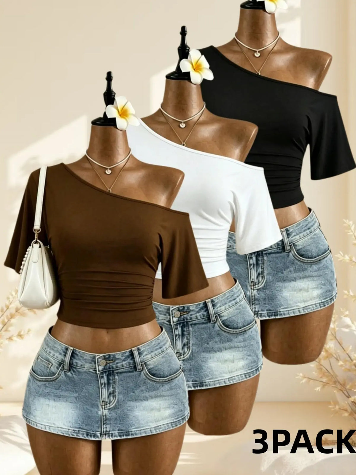 American Vintage Summer Asymmetrical Shoulder Pleated Short Sleeve Top, Polka Dot Solid Color Waist Cinch Slim Fit T-Shirt Set of Three