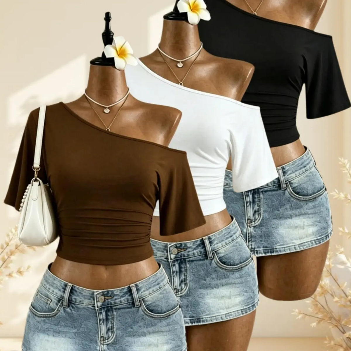 American Vintage Summer Asymmetrical Shoulder Pleated Short Sleeve Top, Polka Dot Solid Color Waist Cinch Slim Fit T-Shirt Set of Three