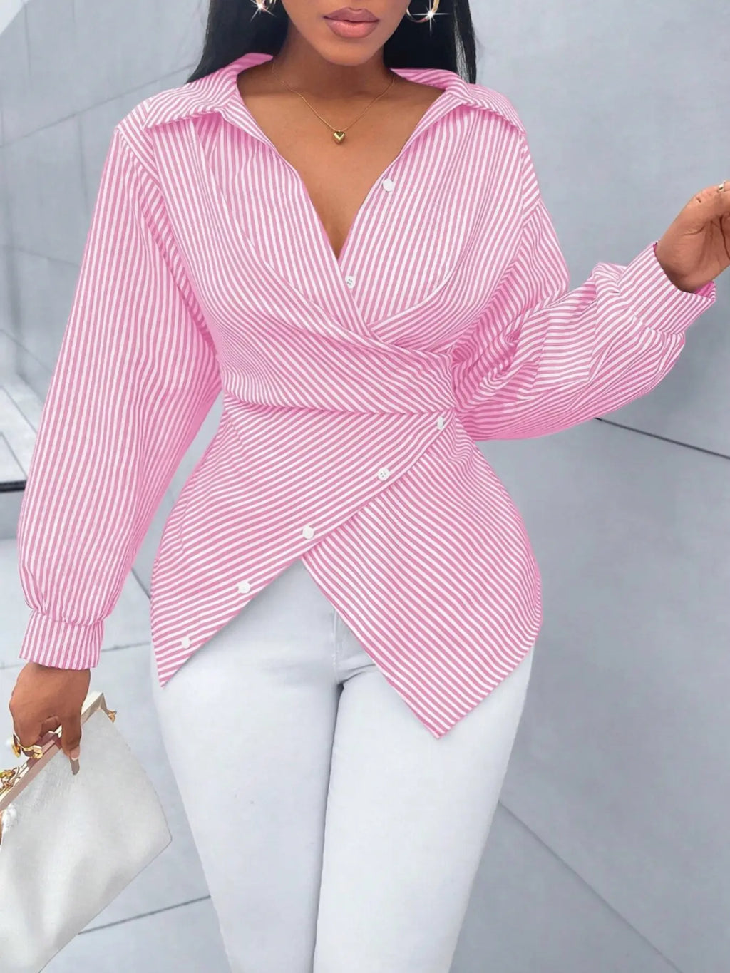 Women's Striped Print Button Front Shirt, Button Closure Shirt, Asymmetrical Shirts, Asymmetrical Hem ,Wrap Blouse,Fall Outfits,Long Sleeve,Winter Clothing,Elegant,Chic,Daily Commuting,Going Our,Casual, Top