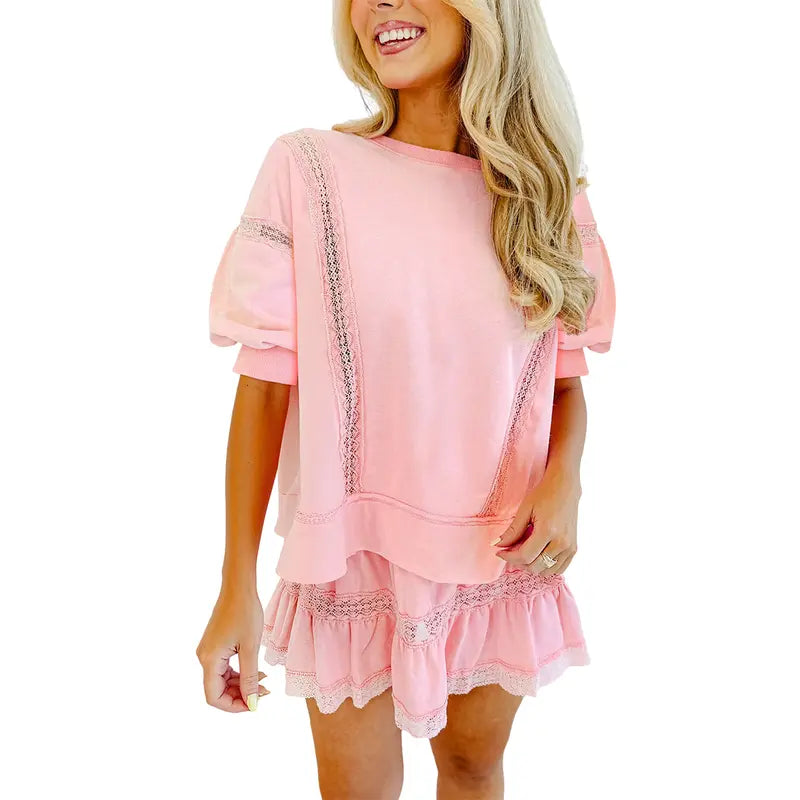 Fisoew Women's Cotton Lace Trim 2-Piece Set - Short Puff Sleeve Top & Ruffled Shorts, Trending Casual Matching Set for Summer Vacation Beach Lounging, Soft Ready-to-Wear Lacy Outfit SohoChic
