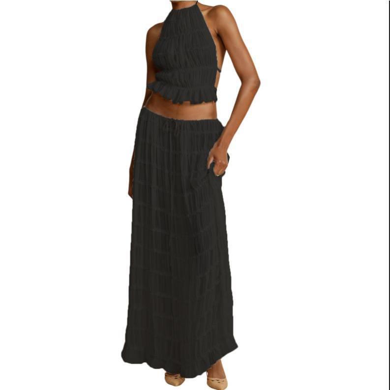 Women’s Two Piece Summer Outfits Sleeveless Ruched Halter Cami Tops and Long Skirt Set Beachwear