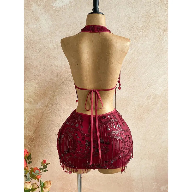 2pcs Fitted Shiny Fringe Sequin Drape Neck Camisole And Mini Skirt Set, Suitable For Music Festivals, Parties
