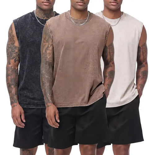 3-pack vintage textured pure cotton sleeveless T-shirts with a distressed wash; crew neck, wide shoulders; casual athletic base layer tank tops for sports, leisure, fitness, running, and basketball. Athleisure Tee Activewear T Shirts