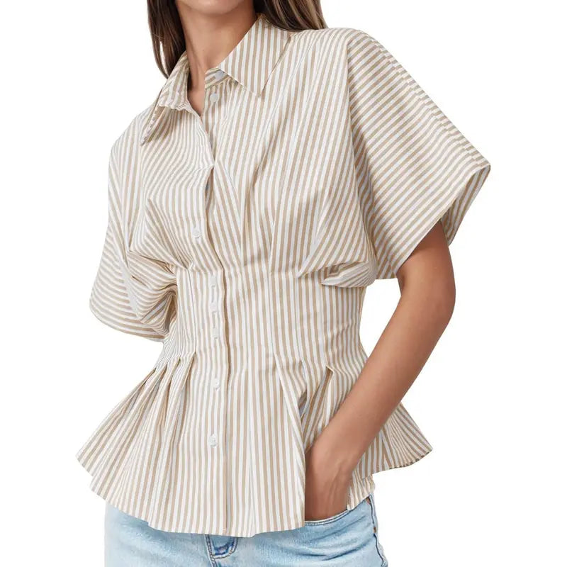 TANKANEO Women's Striped Peplum Button-Down Blouse - Short-Sleeve Batwing, Fitted Waisted, Pleated Polyester Shirts for Women, Flattering Everyday Tops, Breathable Casual Summer Business Wear