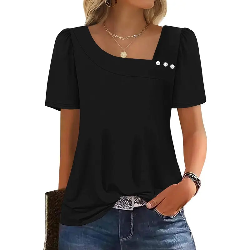 WIHOLL Women's Striped Short-Sleeve Boat Neck Blouse - Elegant Dressy Casual Loose-Fit Top with Button Detail, Soft Stretch Polyester Blend, Chic Aesthetic Blouses & Shirts, Check Size Chart, Back-to-School Outfits