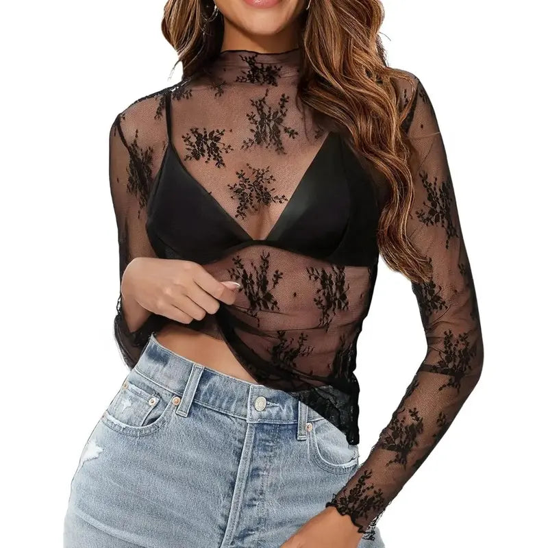 Women's 3-Pack Sheer Floral Embroidery Lace Long Sleeve Mock Neck Blouse Shirts (Black+White+Coffee) - Shirts for Women, Feminine Look, All Seasons Sports & Outdoor Camping Travel Essentials Tops
