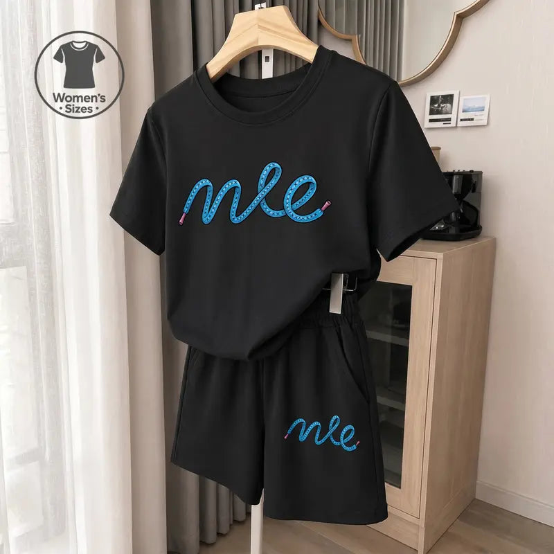 Women’s Minimalist 2-Piece Logo Graphic Print Shortsleeve Set - Breathable Loose Crew Neck Top, Elastic Waist Drawstring Shorts for Casual Summer Daily Wear, Vacation
