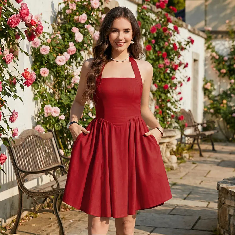 Chicovar Women's Halter Backless Mini Dress Summer Flowy A-Line Dress Smocked Waist Sleeveless Skater Dress with Pockets for Beach Vacation Casual Party, Summervibes