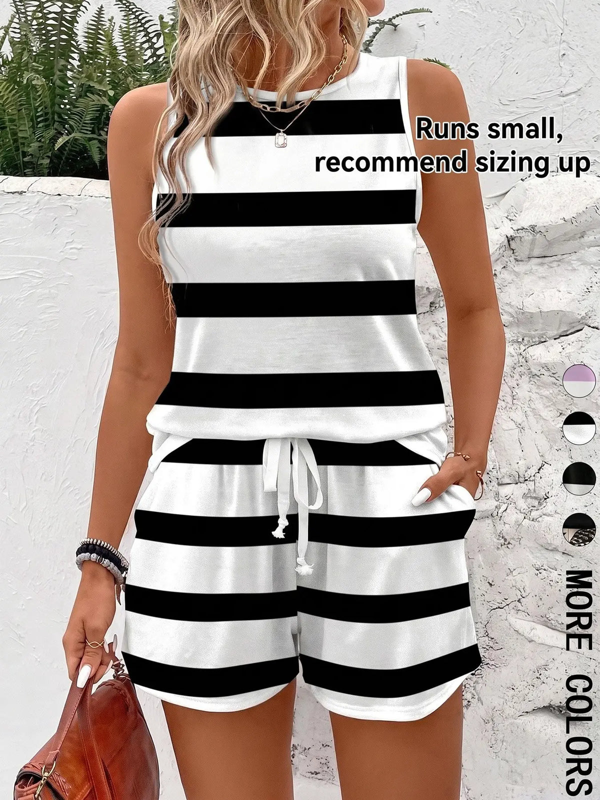 Two-piece Set Women's Striped Print Tank Top & Shorts, Striped Knit Sets, Casual Sleeveless Lightweight Top & Shorts for Summer, Ladies Clothes Outfit for Daily Wear, Casual Everyday Set, Womenswear
