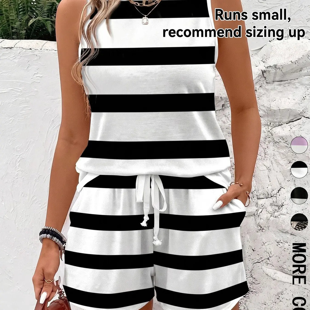 Two-piece Set Women's Striped Print Tank Top & Shorts, Striped Knit Sets, Casual Sleeveless Lightweight Top & Shorts for Summer, Ladies Clothes Outfit for Daily Wear, Casual Everyday Set, Womenswear