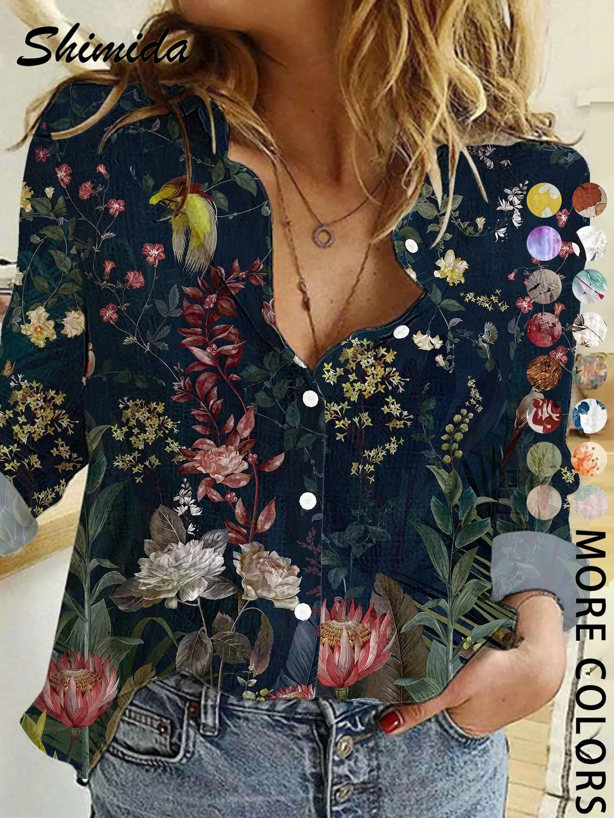 Women's Four-Season Button-Up Shirt, Digital Floral Print Long Sleeve Basic Blouse, Casual Vacation Lapel Boho Cottagecore Blouse, Soft Tops for Casual Daily Wear, Boho Style Shirt