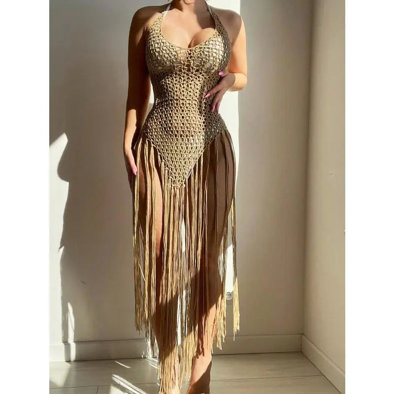 [Bohemian Fringe Lace Dress] Women's Boho Clothes Lace Fabric Sleeveless Semi-Sheer Flowing Skirt Beach Resort-Ready Outfit, All-Season Casual to Semi-Formal Protective Gear, Hand-Wash Simple (Dry Clean Option)