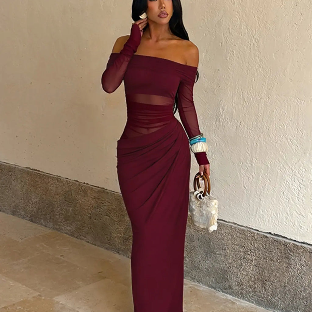 Women's Plain Off Shoulder Ruched Sheer Mesh Dress, 2025 Elegant Long Sleeve Long Dress for Party Banquet, Ladies Summer Clothes
