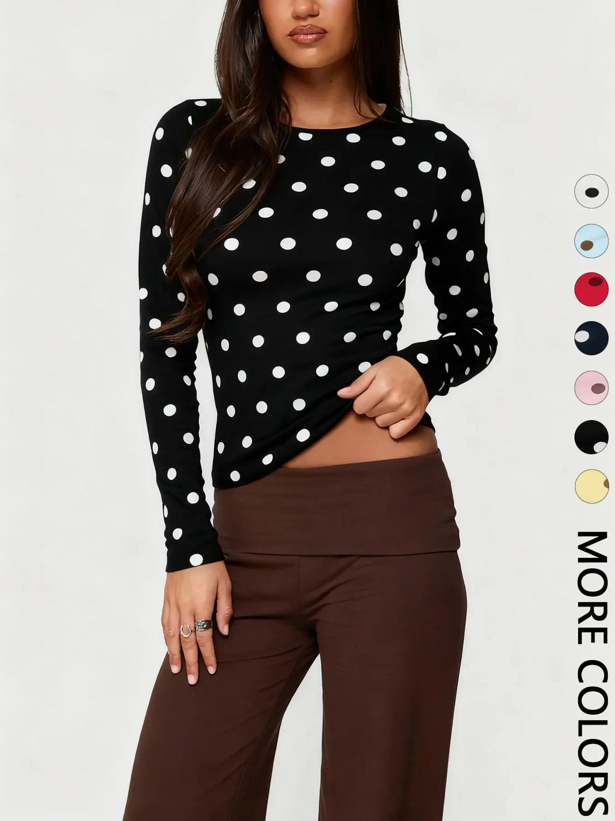 Women's Polka Dot Print Long Sleeve Slim Fit Short Top, Vintage Bodycon, Perfect for Dates and Shopping, Stylish Chic Casual Wear, Bodycon Fitted Top