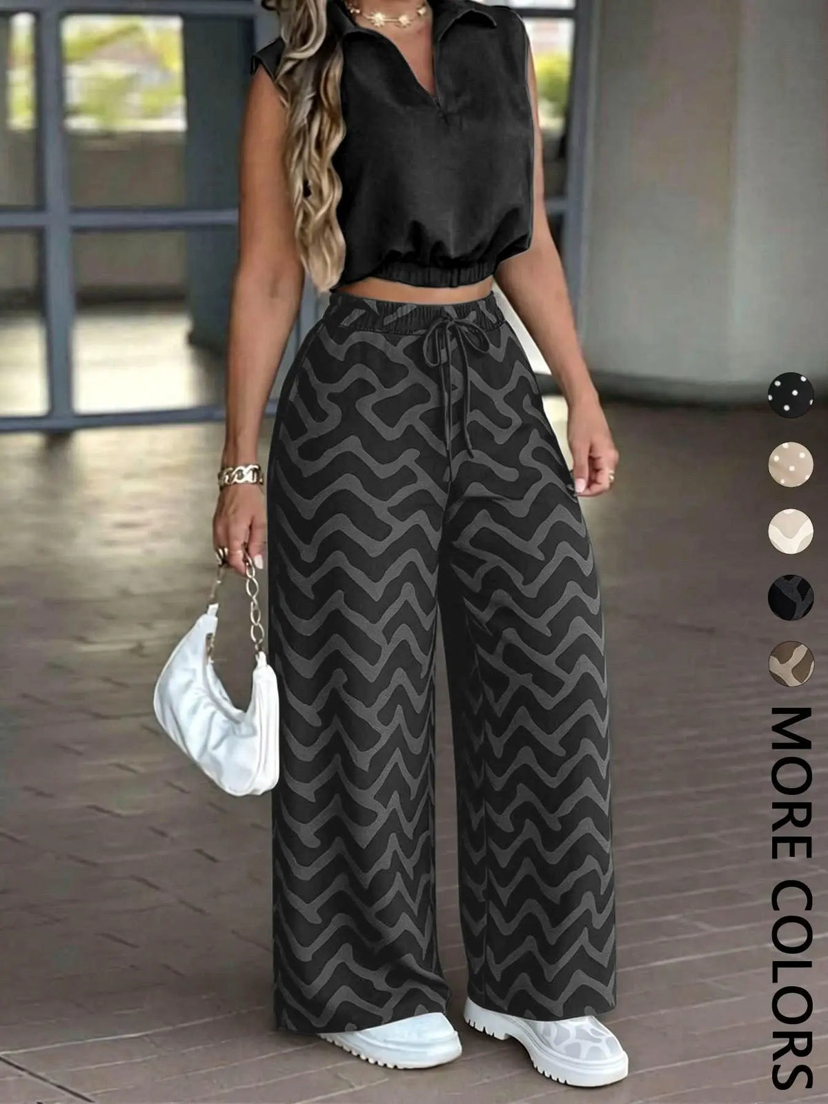 Women's 2-Piece Casual Office Sleeveless Collared Short Crop Top + High-Waisted Adjustable Drawstring Wide Leg Pants, Daily Wear Essential Set