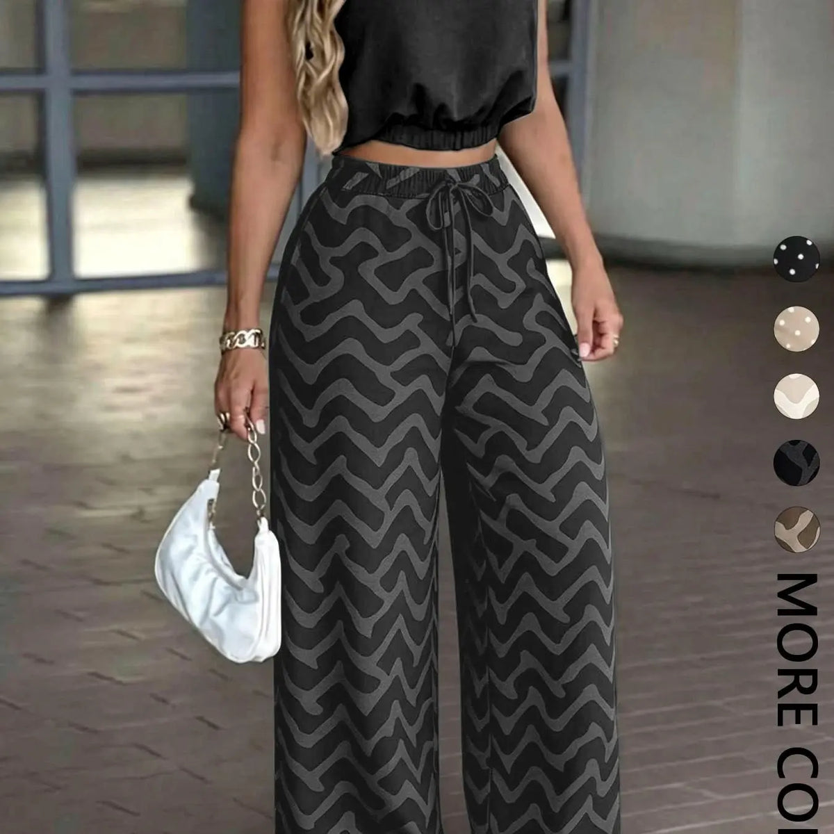 Women's 2-Piece Casual Office Sleeveless Collared Short Crop Top + High-Waisted Adjustable Drawstring Wide Leg Pants, Daily Wear Essential Set