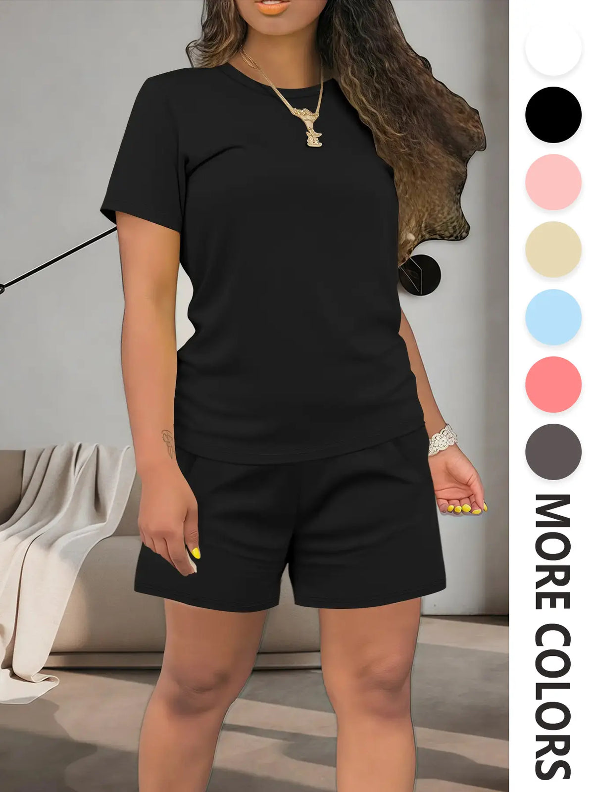 Women's Summer Casual Basic Set, Polyester Spandex, Regular-Fit Short-Sleeve Top & Shorts, Plain Color, Comfortable for Daily Wear, Outfit, Clothes