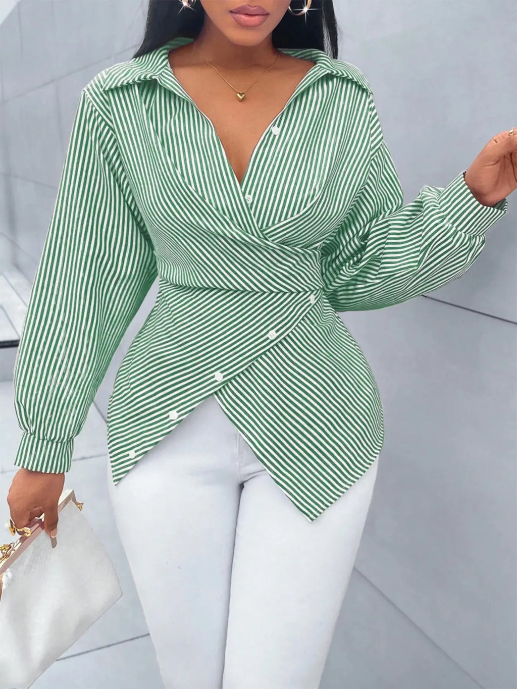 Women's Striped Print Button Front Shirt, Button Closure Shirt, Asymmetrical Shirts, Asymmetrical Hem ,Wrap Blouse,Fall Outfits,Long Sleeve,Winter Clothing,Elegant,Chic,Daily Commuting,Going Our,Casual, Top