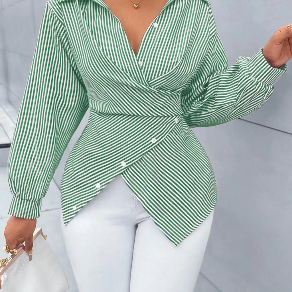 Women's Striped Print Button Front Shirt, Button Closure Shirt, Asymmetrical Shirts, Asymmetrical Hem ,Wrap Blouse,Fall Outfits,Long Sleeve,Winter Clothing,Elegant,Chic,Daily Commuting,Going Our,Casual, Top