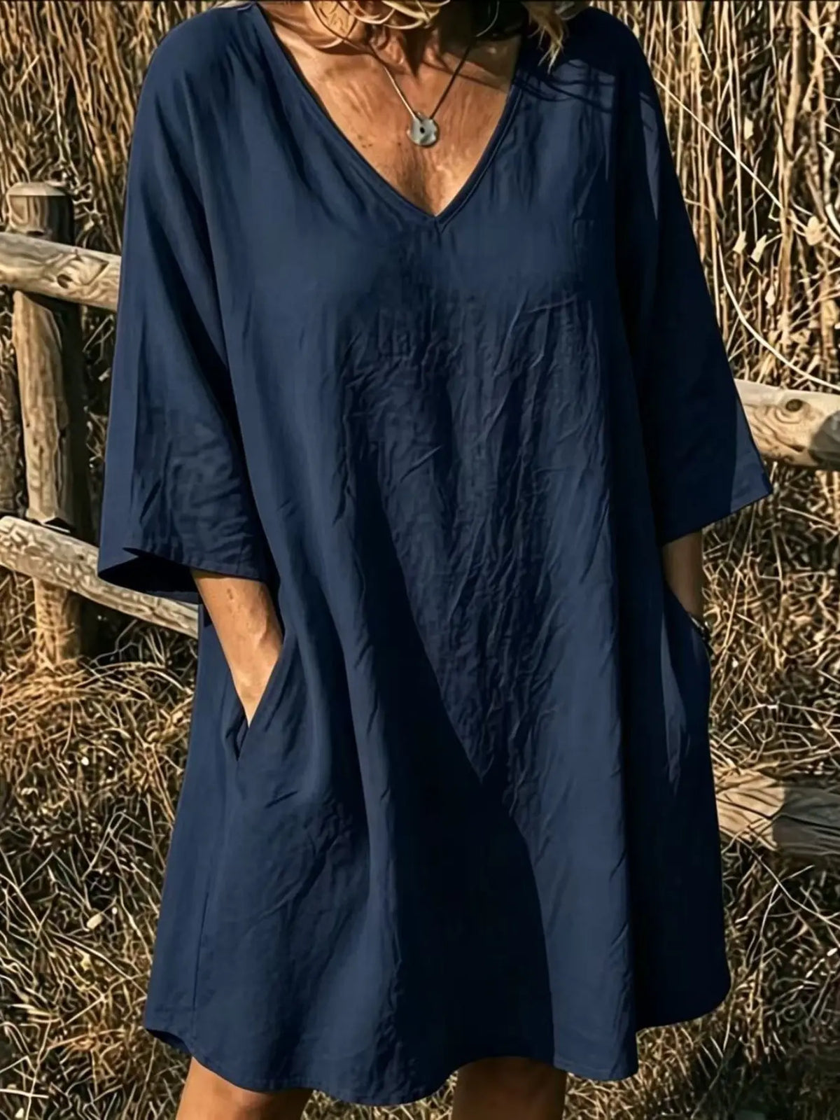 Elegant V-Neck Top, Loose Long Sleeve with Large Pockets, Breathable Linen Texture, Casual Summer Shirt for Women, Comfortable and Stylish