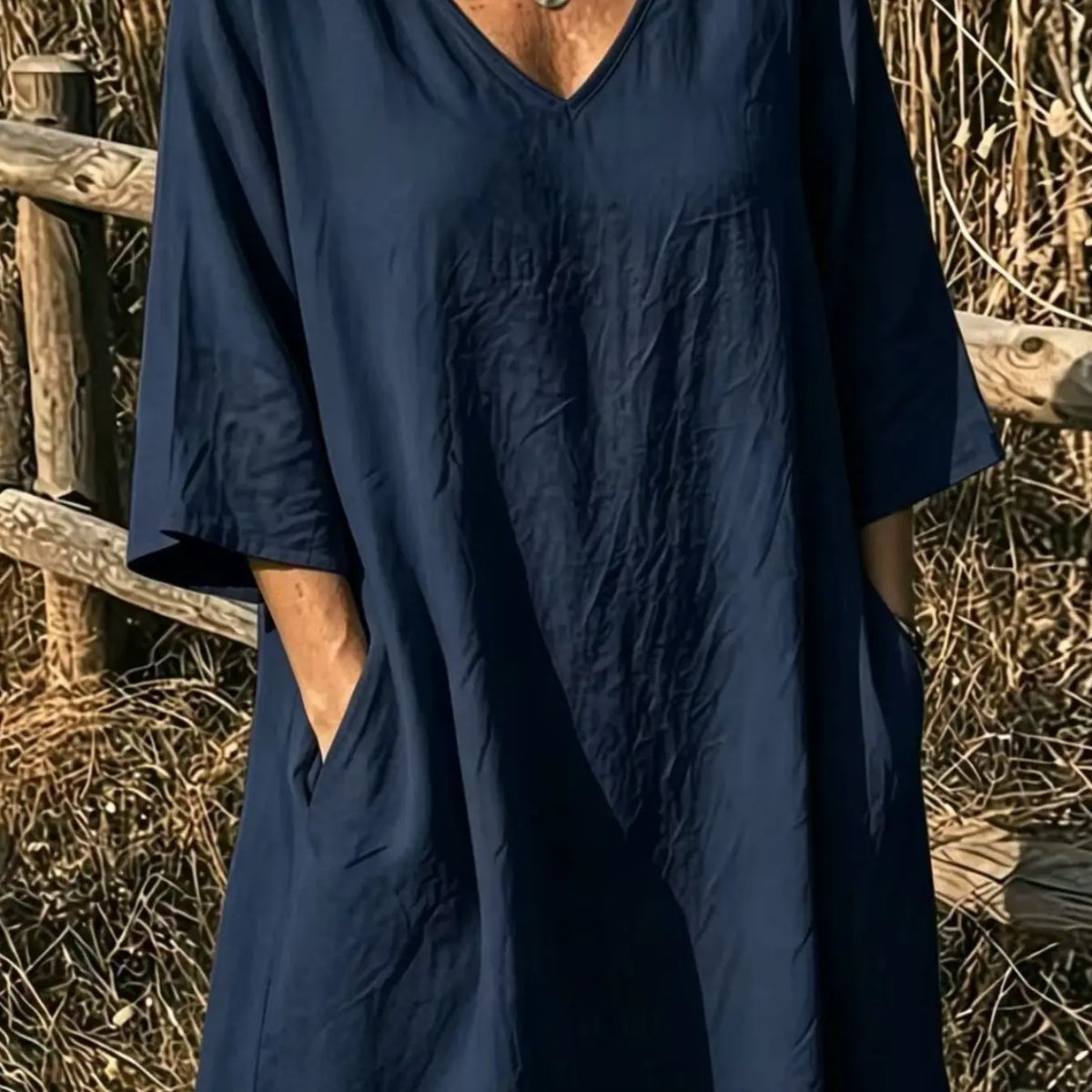 Elegant V-Neck Top, Loose Long Sleeve with Large Pockets, Breathable Linen Texture, Casual Summer Shirt for Women, Comfortable and Stylish