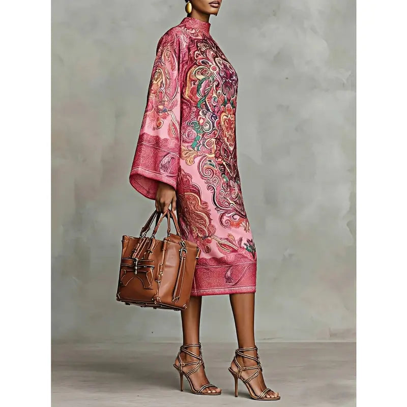 Women's 2026 New Spring Autumn Vintage Elegant Printed Mock Neck Midi Dress, Long Sleeves Loose Contrast Color Elegant Evening Midi Dresses Robe Womenswear