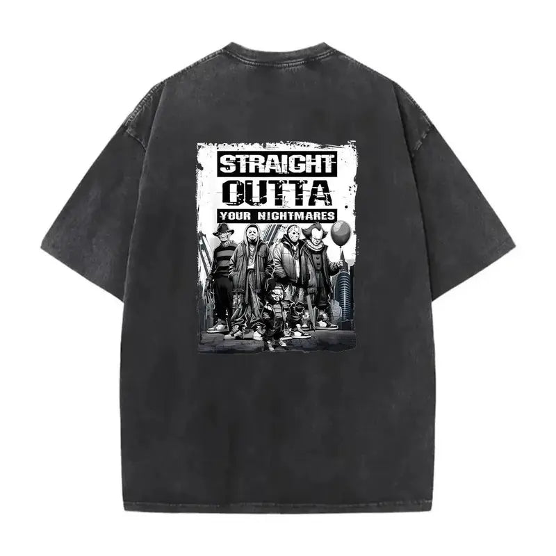 Straight Outta Nightmares" Men's Vintage Horror Halloween T-Shirt - 100% Cotton Casual Round Neck  gifts