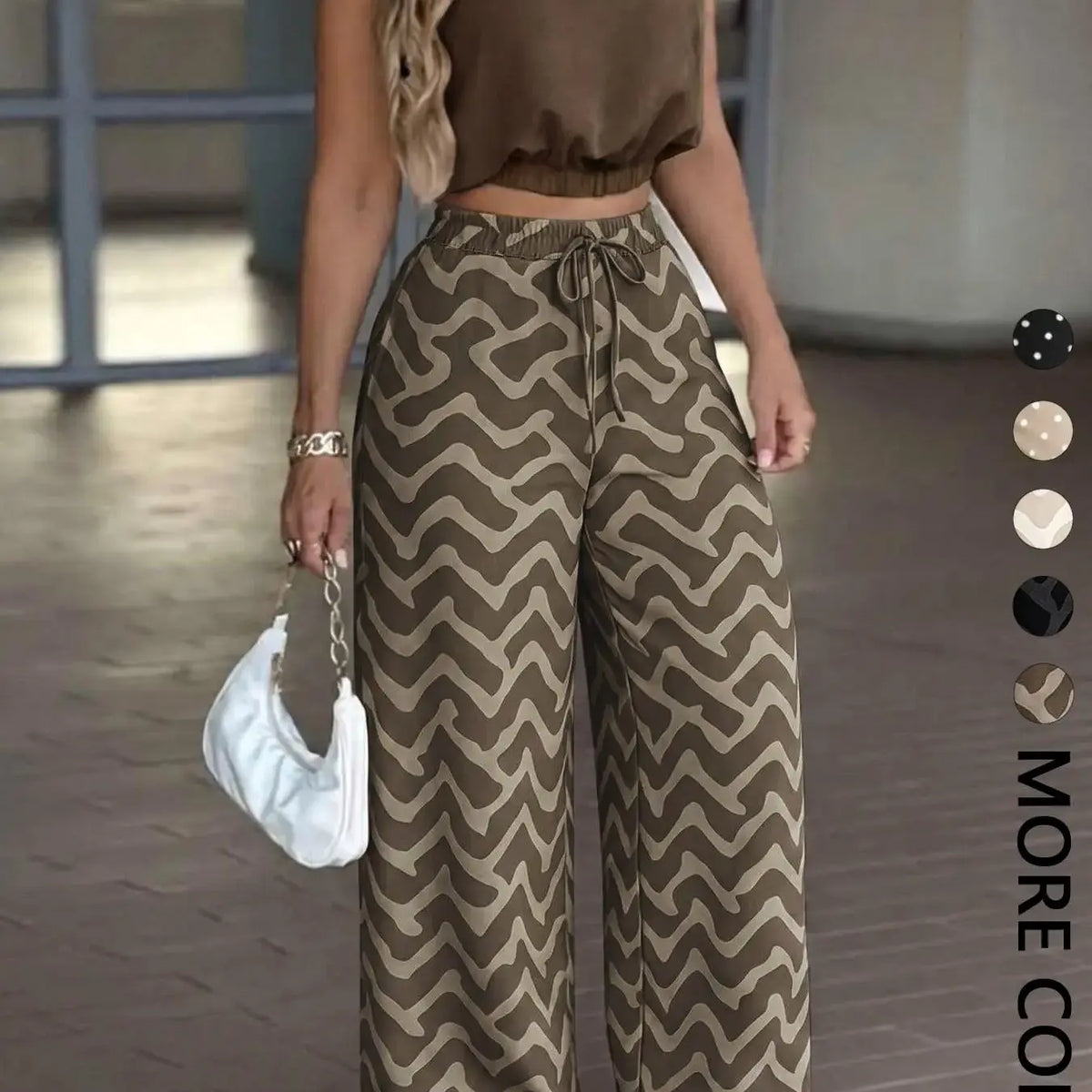 Women's 2-Piece Casual Office Sleeveless Collared Short Crop Top + High-Waisted Adjustable Drawstring Wide Leg Pants, Daily Wear Essential Set