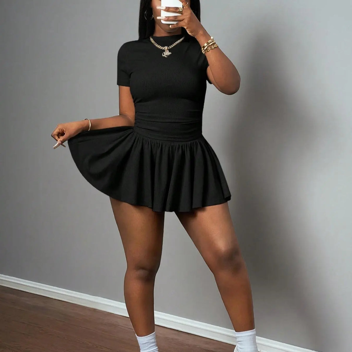 Women's Casual Basic Summer Sports Style Round Neck Short Sleeve T-Shirt + Umbrella Skirt Set Outfit, Two-Piece Knit Fabric, All Seasons Clothes #GLOBAL PICKS