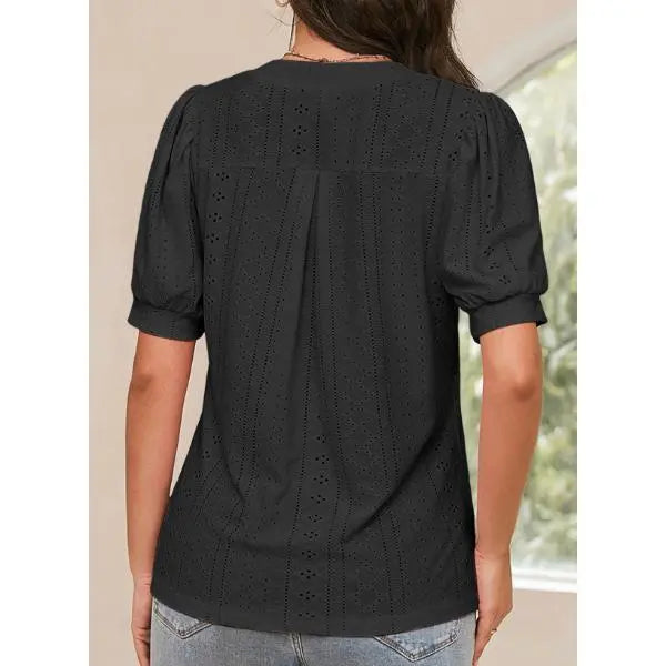 Dokotoo Women's Summer Business Casual Blouses V Neck Short Sleeve Shirts Hollow Out Cute Lace Tops Loose Fit Breathable Fabric