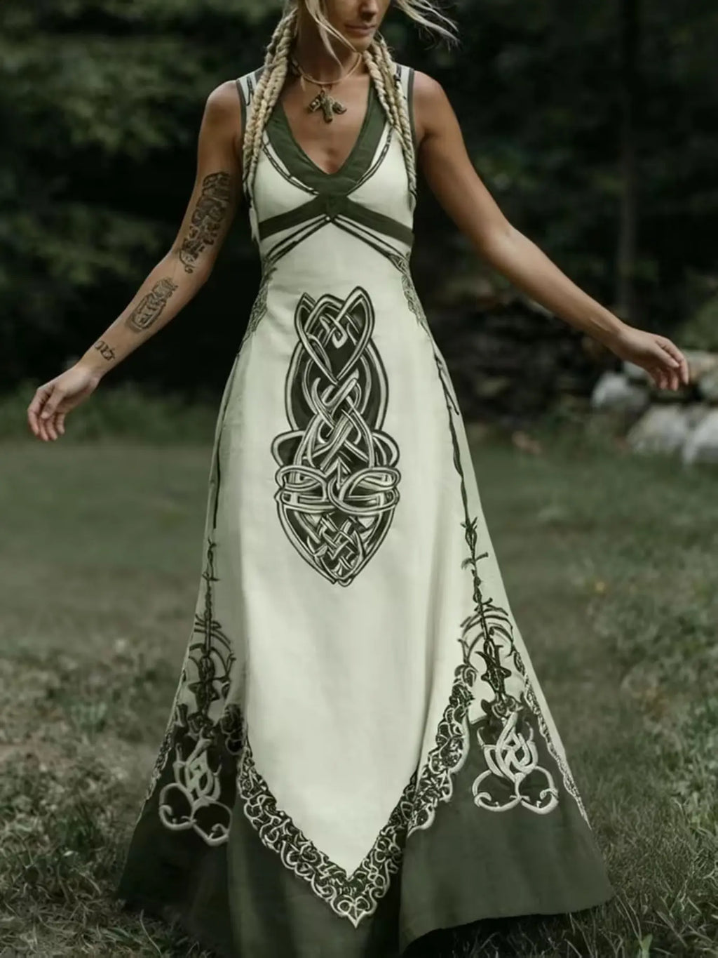 Vintage Celtic Knot Long Dress, Boho Sleeveless V Neck Gown, Loose-Fitting All over Print, Larp Renaissance Festival, Bohemian Women, Bohemian Romantic Dress