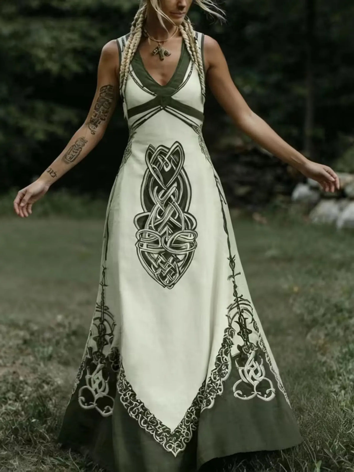 Vintage Celtic Knot Long Dress, Boho Sleeveless V Neck Gown, Loose-Fitting All over Print, Larp Renaissance Festival, Bohemian Women, Bohemian Romantic Dress