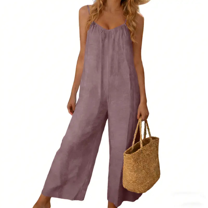 UANEO Women's Backless Jumpsuit Adjustable Spaghetti Strap Wide Leg Loose Vacation Style Romper with Pockets