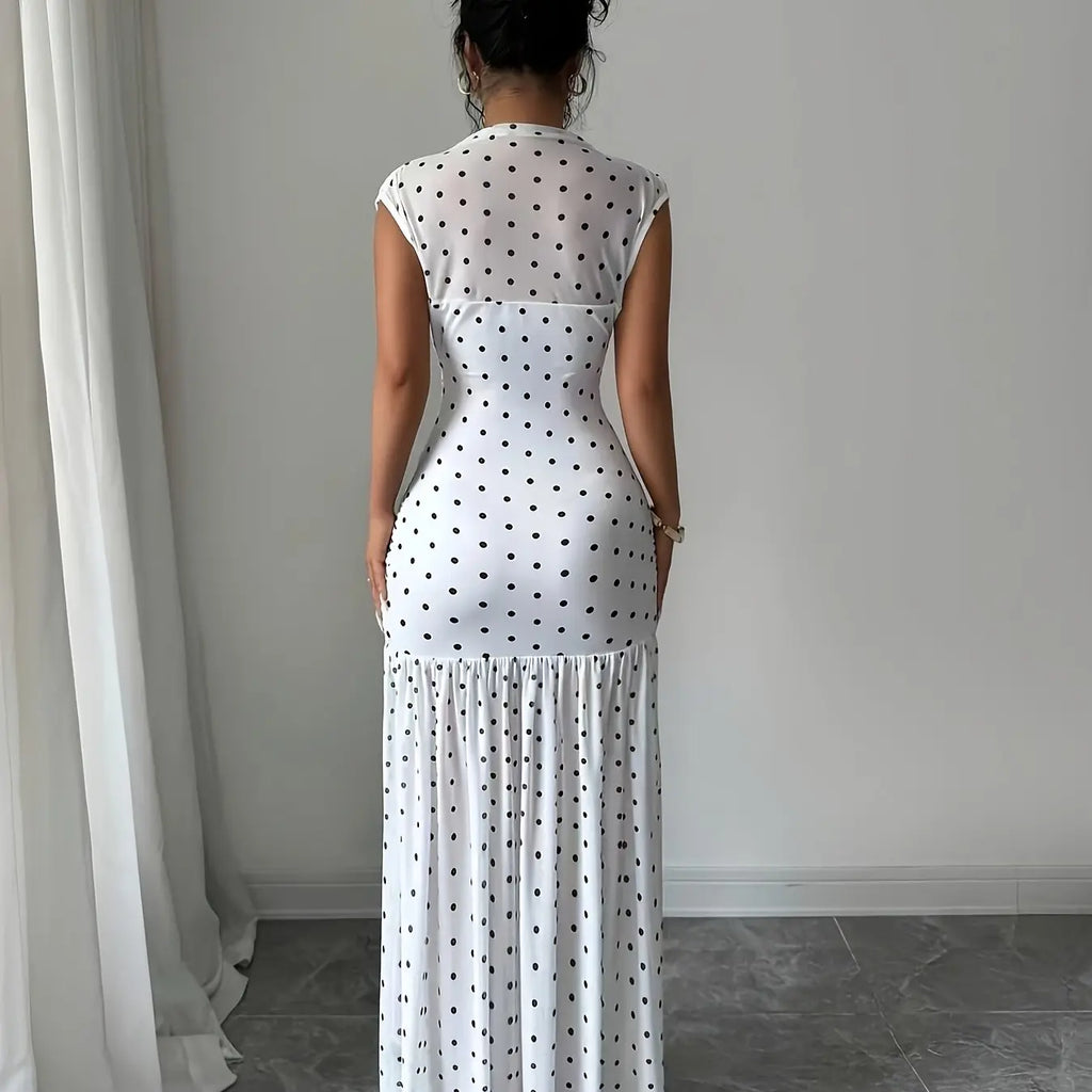 Women's Dress, Summer High-Neck Dot Casual Dress, Elegant Slim-Fit Party Dress, for Daily Wear and Evening Parties, Womenswear