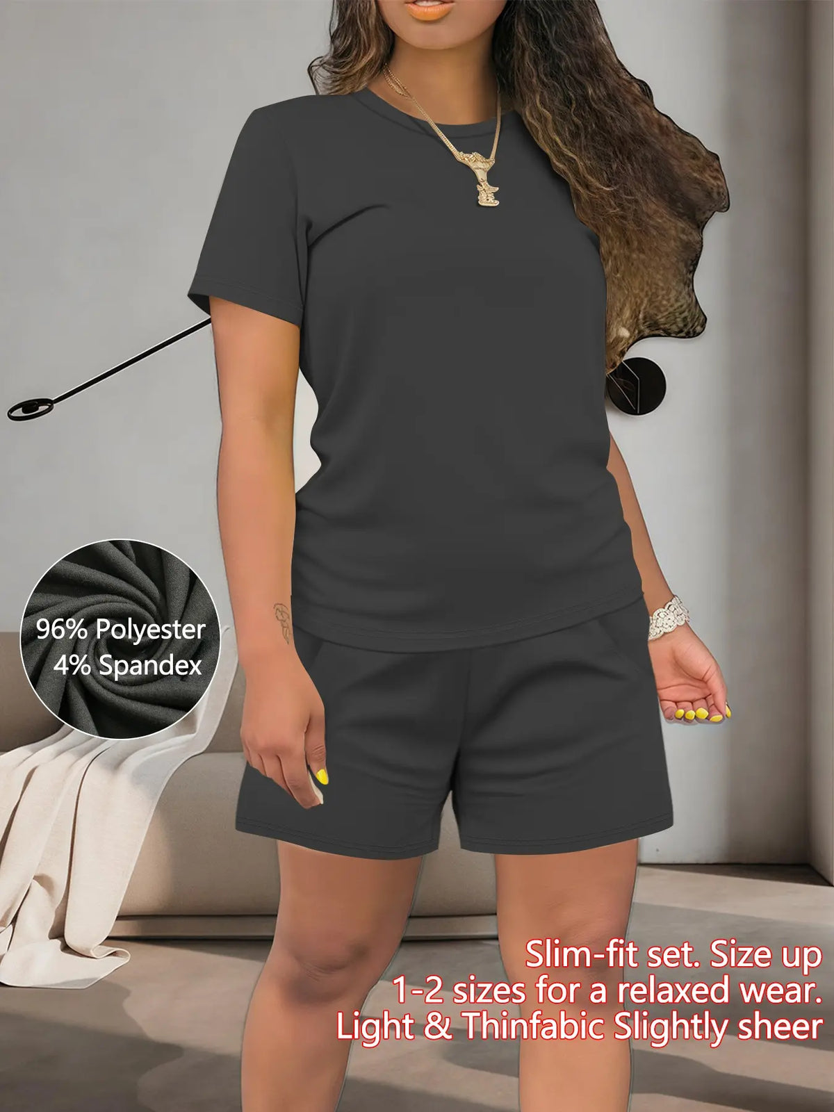 Women's Summer Casual Basic Set, Polyester Spandex, Regular-Fit Short-Sleeve Top & Shorts, Plain Color, Comfortable for Daily Wear, Outfit, Clothes