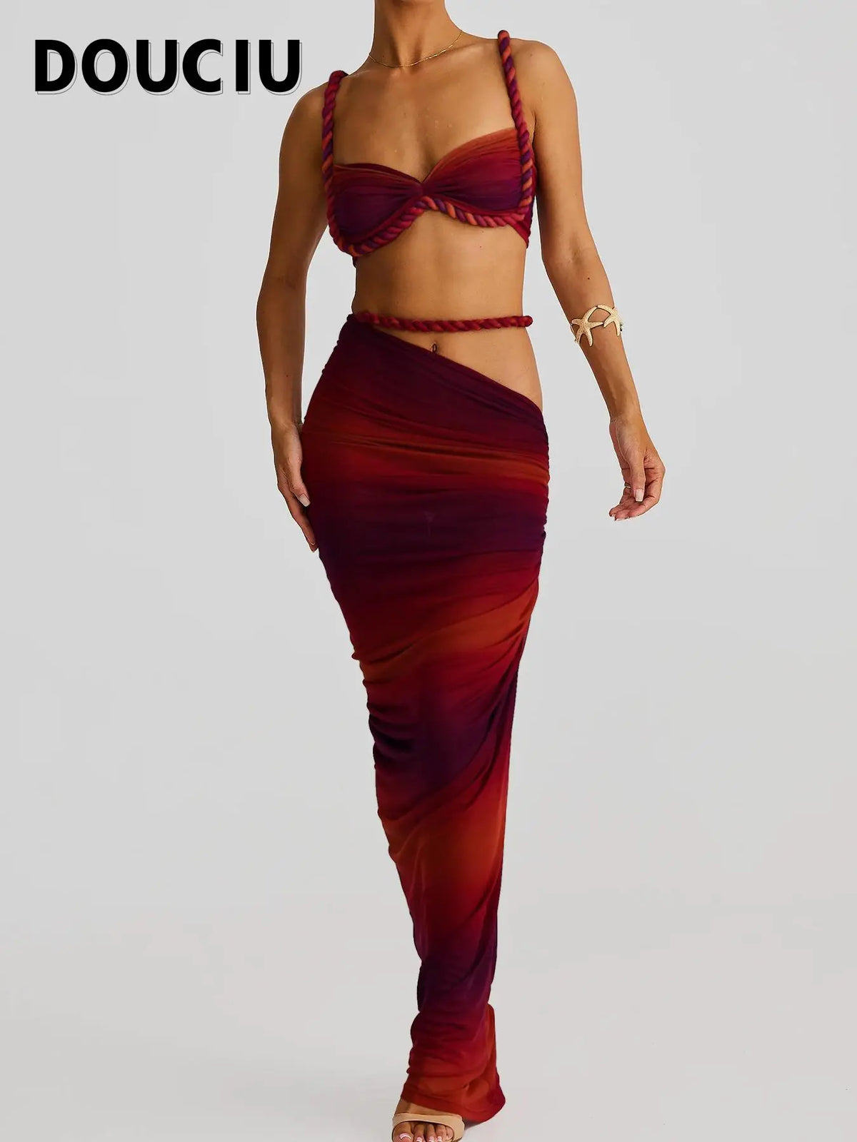 DOUCIU Multicolor Summer Beach Vacation Cool Light Sexy Hot Thin Women's Top Twisted Spaghetti Strap Vest Skirt Two-Piece Set