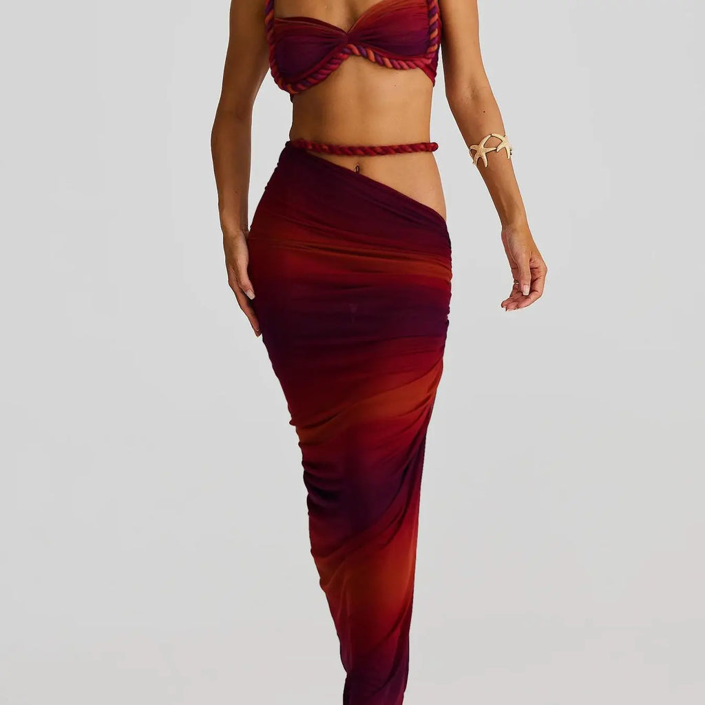 DOUCIU Multicolor Summer Beach Vacation Cool Light Sexy Hot Thin Women's Top Twisted Spaghetti Strap Vest Skirt Two-Piece Set
