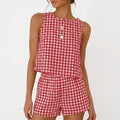 IDEALSANXUN Women's Cute 2-Piece Casual Knit Set - Ribbed Knit Gingham Tank Top with Button Accent, Matching Checkered Shorts, Cropped, Soft Lightweight Cotton, Elastic Waist, Summer Beach Outfit, Two Piece Sets