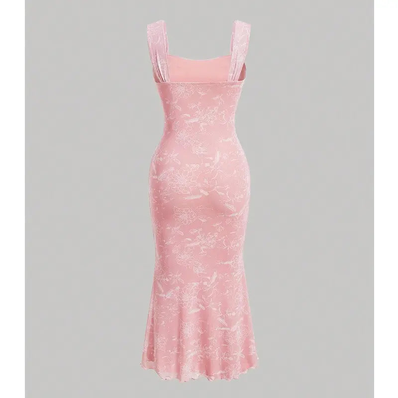 HYZ Women's Summer Floral Print Square Neck Mesh Sleeveless Bodycon Midi Party Dress