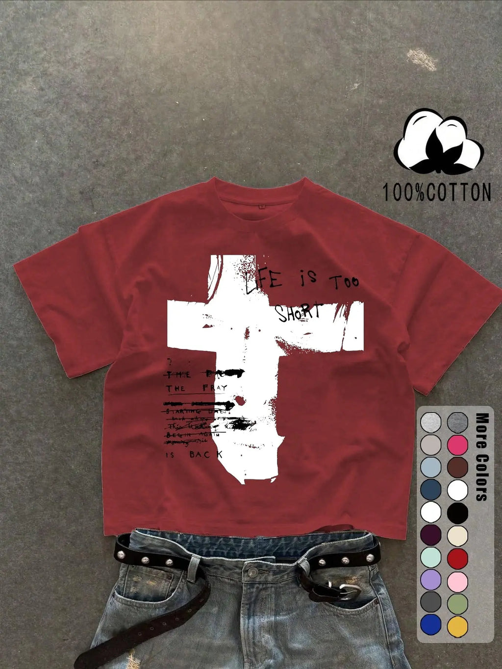 Unisex 100% Cotton Short Sleeve T-Shirt, Cross Graffiti Print, Y2K Dark Gothic Street Style, Streetwear, Casual Daily Wear, Loose-Fitting, Long Length, Aesthetic, Relaxed Fit