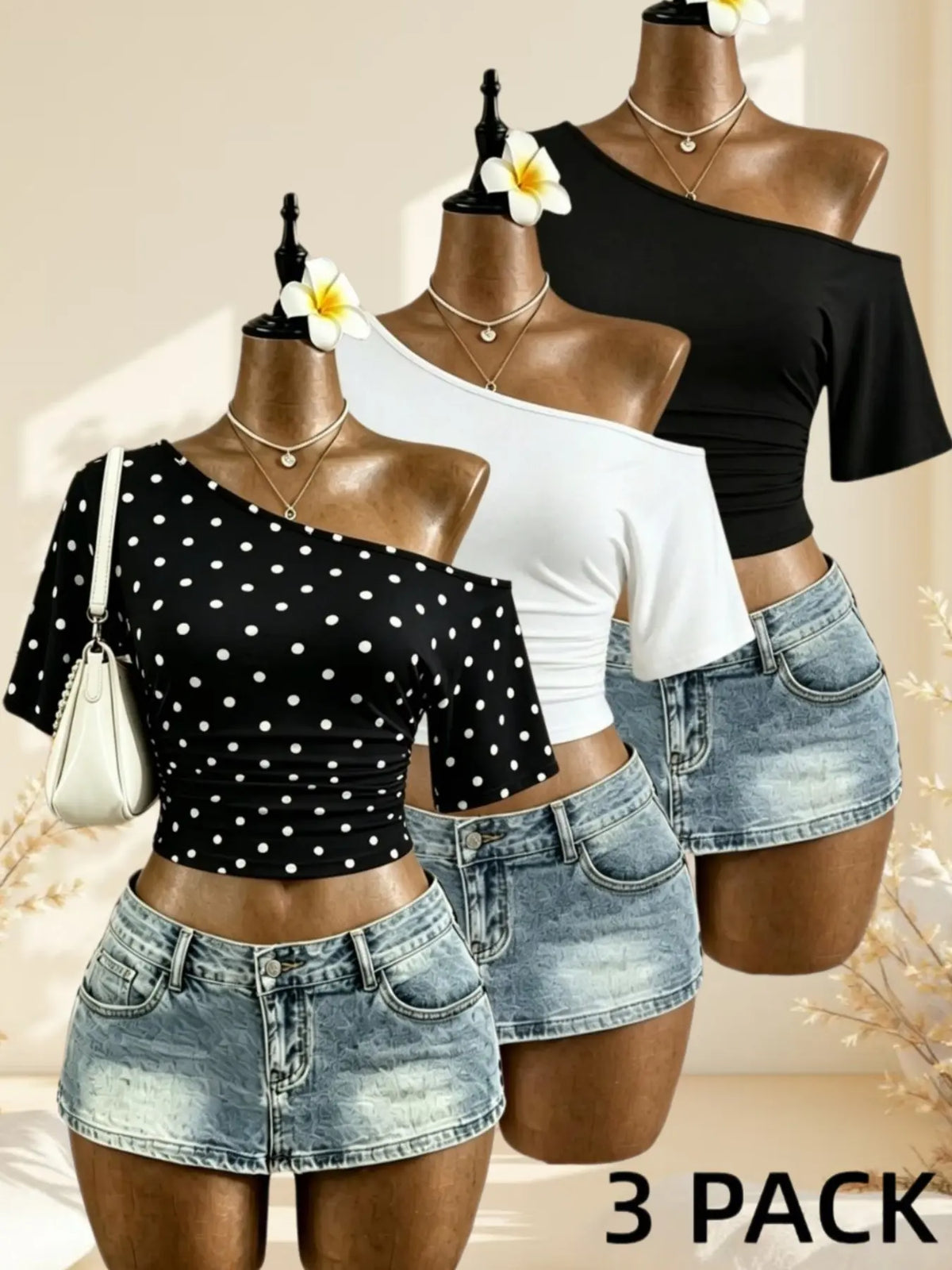 American Vintage Summer Asymmetrical Shoulder Pleated Short Sleeve Top, Polka Dot Solid Color Waist Cinch Slim Fit T-Shirt Set of Three