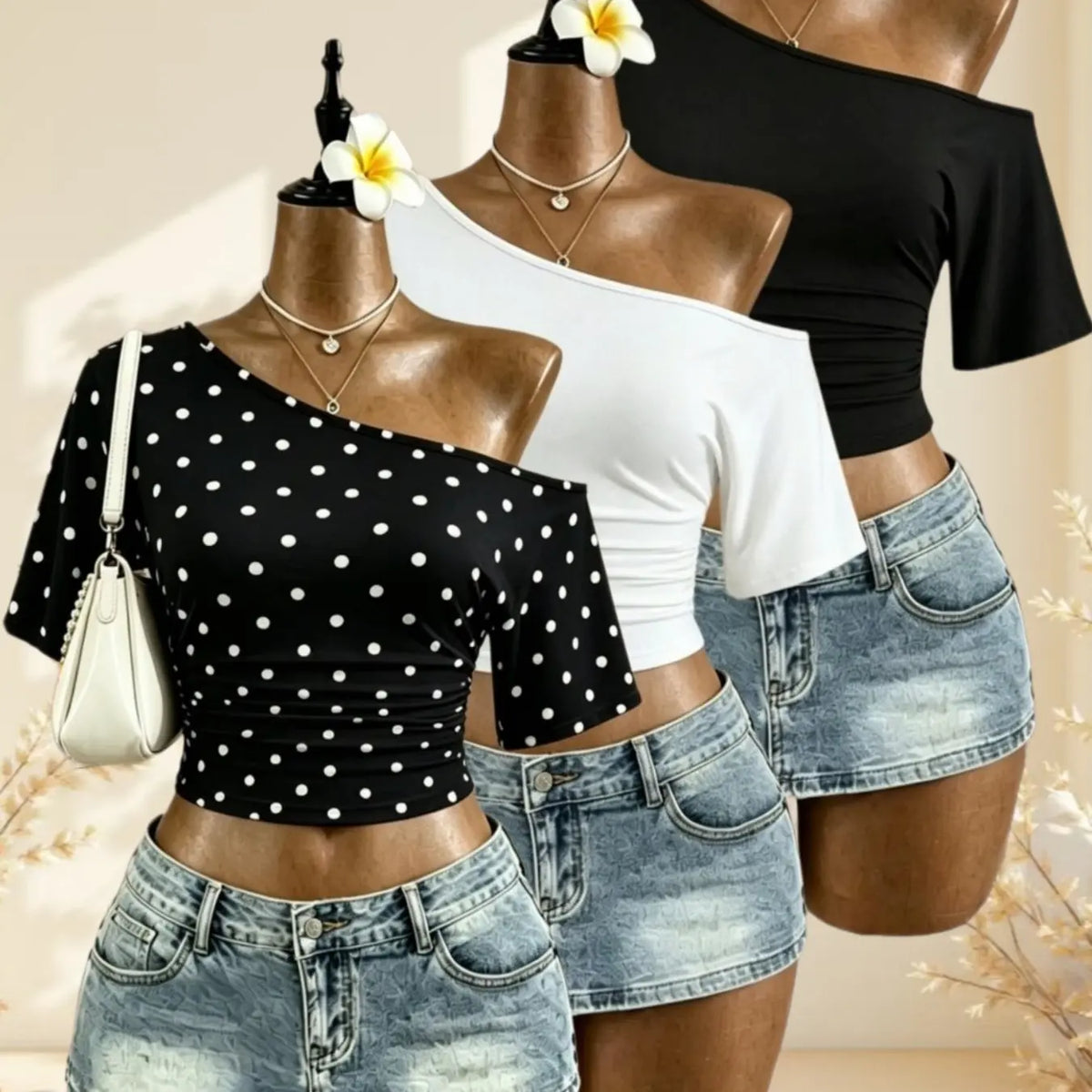 American Vintage Summer Asymmetrical Shoulder Pleated Short Sleeve Top, Polka Dot Solid Color Waist Cinch Slim Fit T-Shirt Set of Three