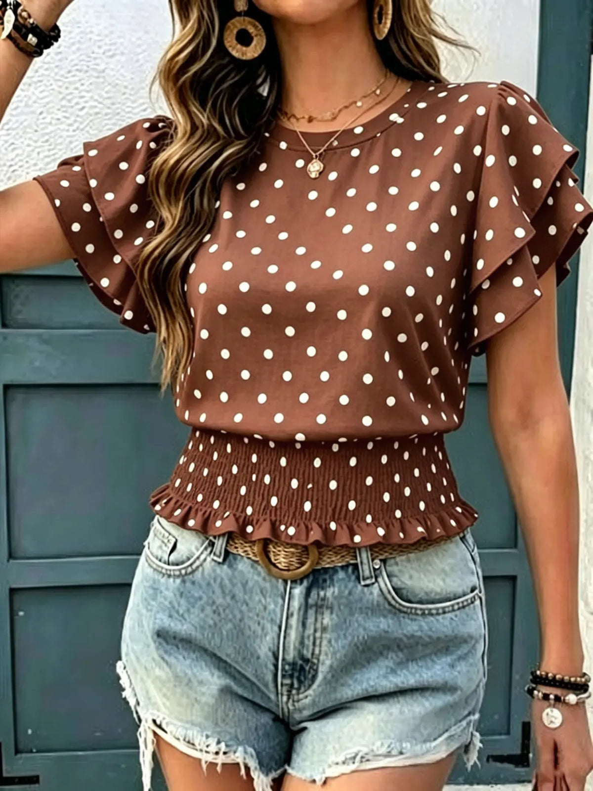 Women's Casual Polka Dot Ruffled Hem Short Sleeve Round Neck Top, Summer Fashion Blouse, Comfortable and Stylish Top for Daily Wear