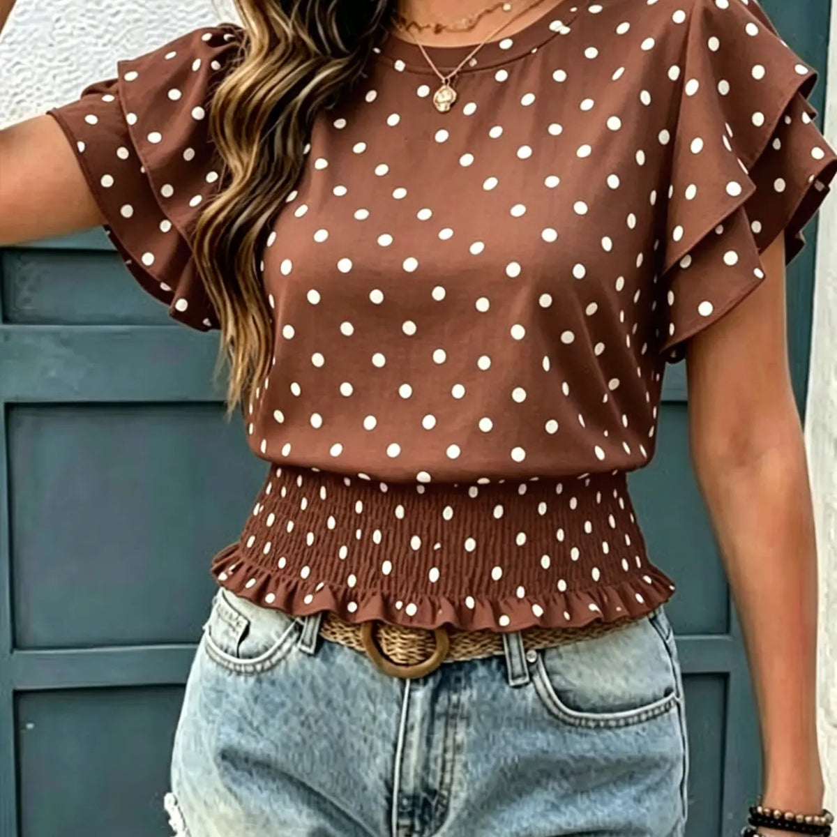 Women's Casual Polka Dot Ruffled Hem Short Sleeve Round Neck Top, Summer Fashion Blouse, Comfortable and Stylish Top for Daily Wear