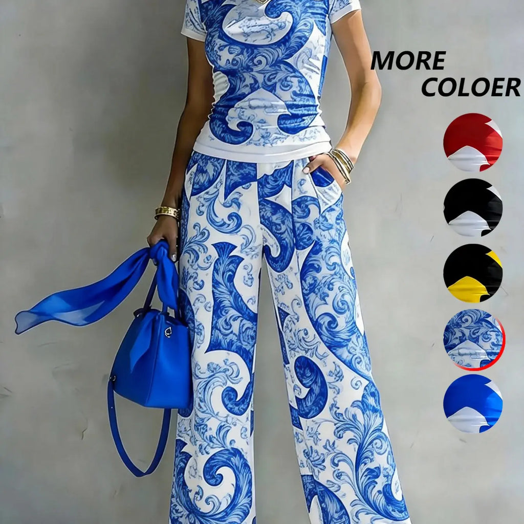 Women's Casual Two-Piece Set, Round Neck T-Shirt with Geometric Random Print, High-Waisted Pocket Wide Leg Pants, Urban Leisure, Matching, Casual Everyday Set