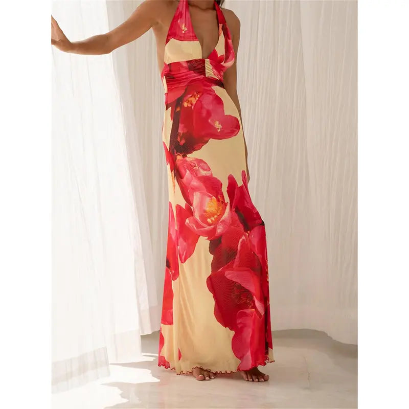 Women Long Dress, Sleeveless Halter Dress Backless Flower/Dots Print Summer Cocktail Dress Womenswear Feminine Formal Light