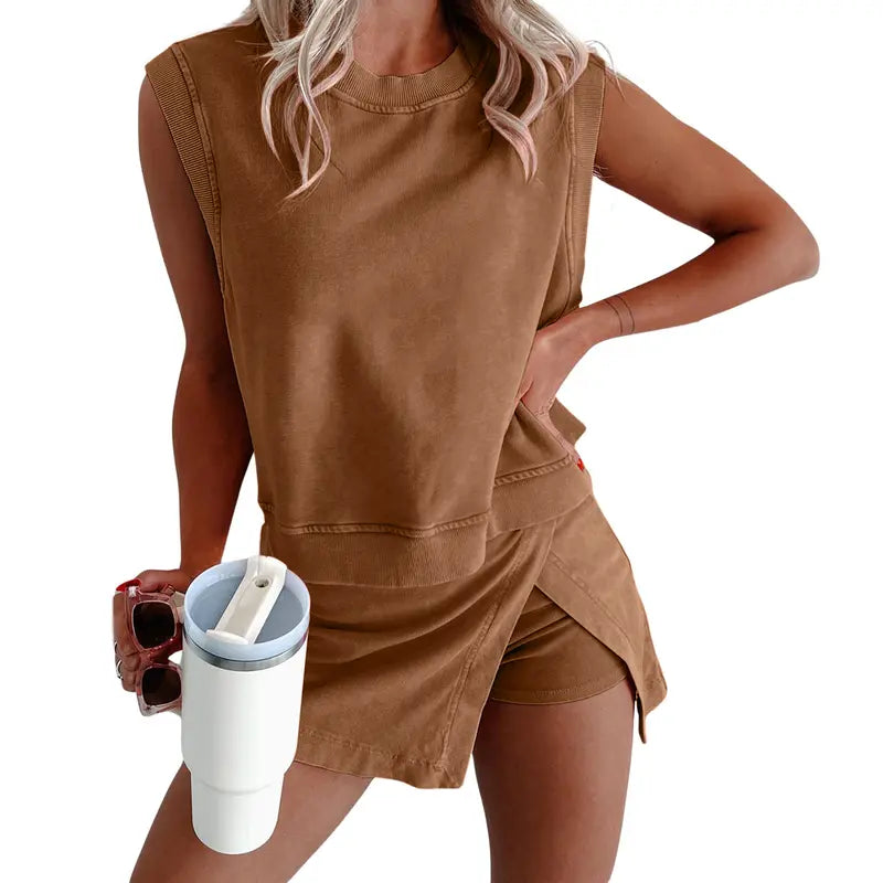Mundoven Womens Y2K 2 Piece Washed Cotton Outfits Tank Top Skort Set Casual Summer Tracksuit with Side Slit & Built-in Shorts Breathable Womenswear