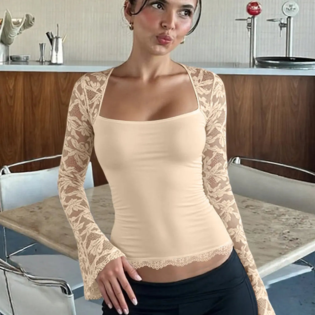Women's Solid Color Lace Floral Spliced Ruffles Trim Sheer Long Sleeve Tee, Sexy Flower Pattern Designed Slim-fit Ruffled T-shirt for Party Club Holiday, Ladies Summer Clothes, Top, Womenswear, Piece
